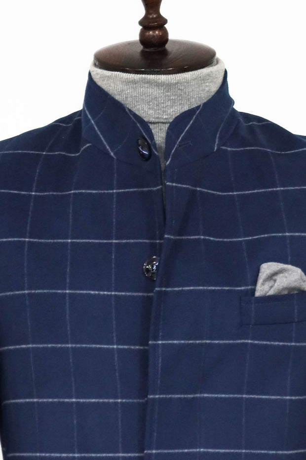 Standing Collar Plaid Blue Men Coat - Wessi