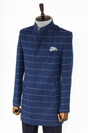 Standing Collar Plaid Blue Men Coat - Wessi