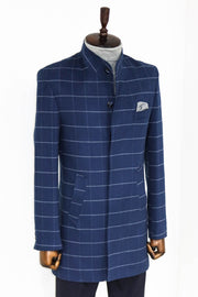 Standing Collar Plaid Blue Men Coat - Wessi