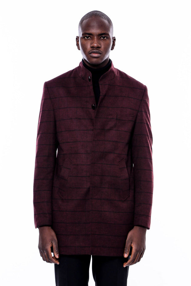 Mandarin Collar Burgundy Checked Coat - Wessi