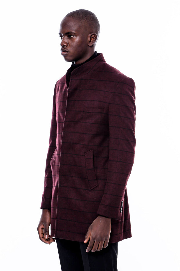 Mandarin Collar Burgundy Checked Coat - Wessi