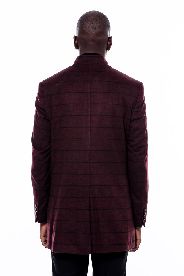 Mandarin Collar Burgundy Checked Coat - Wessi