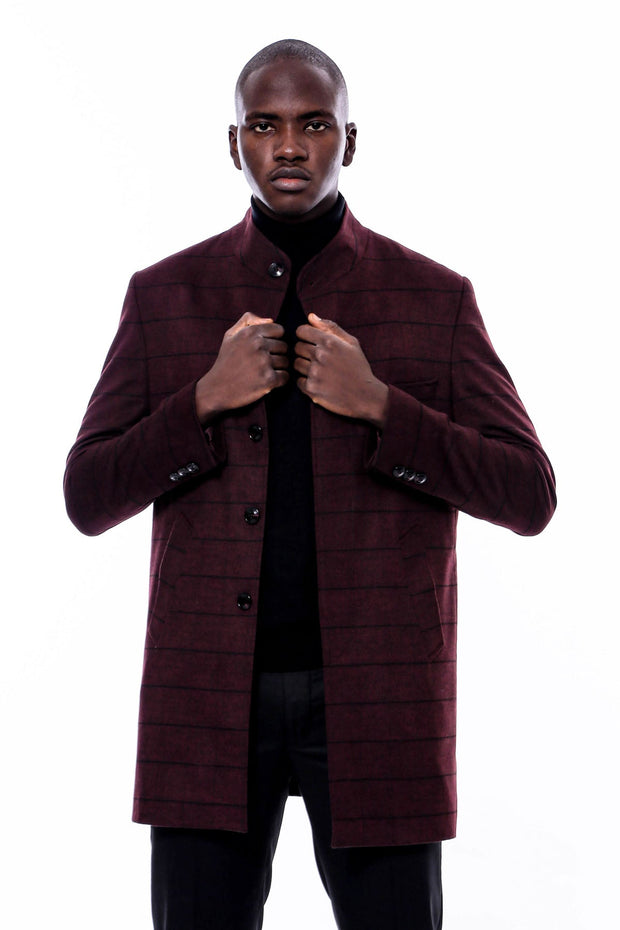 Mandarin Collar Burgundy Checked Coat - Wessi