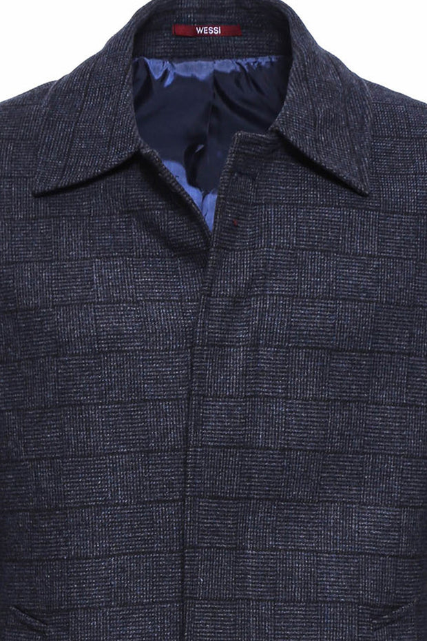 Navy Checked Hidden Button Peak Lapel Coat - Wessi