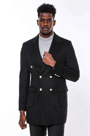 Metal Buttoned Double Breasted Black Men Long Coat - Wessi