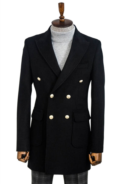 Metal Buttoned Double Breasted Black Men Long Coat - Wessi