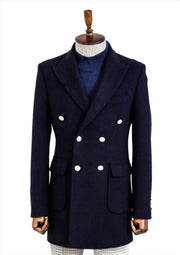 Navy Blue Metal Buttoned Double Breasted Long Coat - Wessi