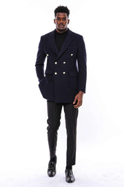 Navy Blue Metal Buttoned Double Breasted Long Coat - Wessi