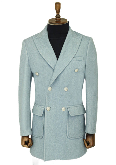 Metal Buttons Wool Cashmere Light Blue Men Double Breasted Coat - Wessi