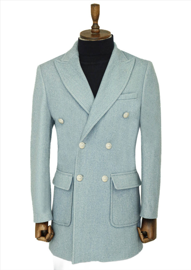 Metal Buttons Wool Cashmere Light Blue Men Double Breasted Coat - Wessi