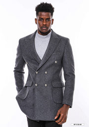 Dark Grey Metal Buttoned Double Breasted Long Coat - Wessi