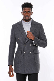 Dark Grey Metal Buttoned Double Breasted Long Coat - Wessi