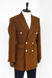 Metal Buttoned Double Breasted Tan Men Coat - Wessi