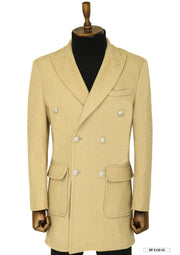 Metal Buttons Wool Cashmere Beige Men Double Breasted Coat - Wessi