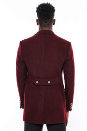 Metal Buttoned Double Breasted Burgundy Men Long Coat - Wessi