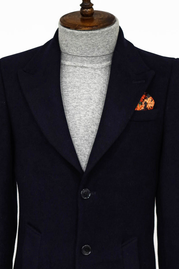 Wide Lapel Wool Navy Blue Men Coat - Wessi