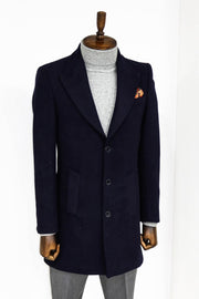 Wide Lapel Wool Navy Blue Men Coat - Wessi