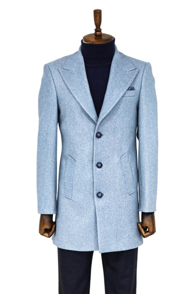 Wide Lapel Wool Light Blue Men Coat - Wessi