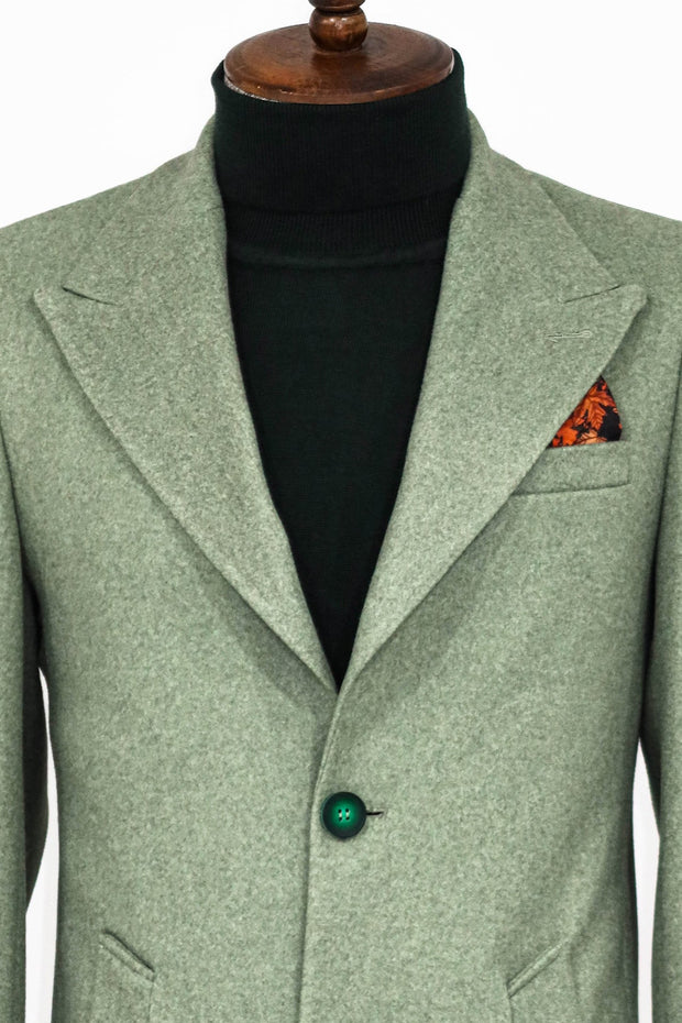 Wide Lapel Wool Oil Green Men Coat - Wessi