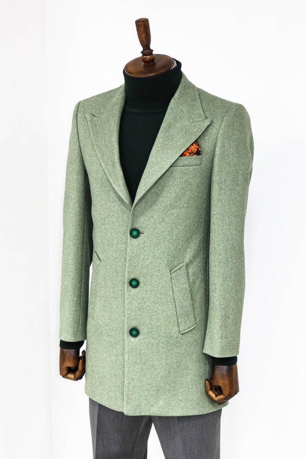 Wide Lapel Wool Oil Green Men Coat - Wessi