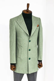 Wide Lapel Wool Oil Green Men Coat - Wessi