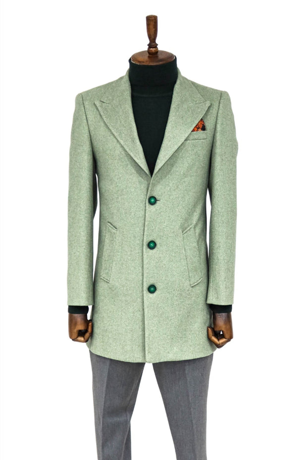 Wide Lapel Wool Oil Green Men Coat - Wessi