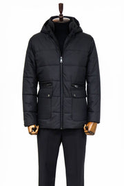 Slim Fit Hooded Black Men Coat - Wessi