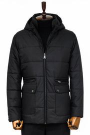 Slim Fit Hooded Black Men Coat - Wessi