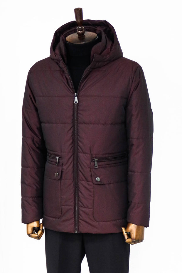 Slim Fit Hooded Burgundy Men Coat - Wessi