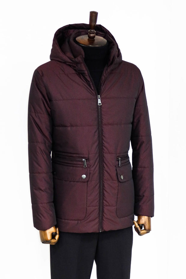 Slim Fit Hooded Burgundy Men Coat - Wessi