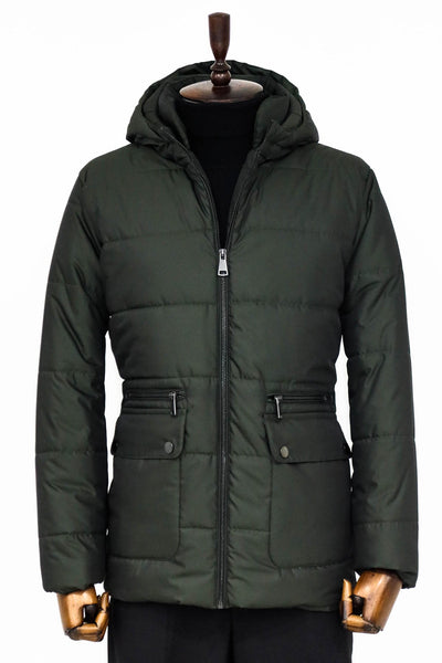 Slim Fit Hooded Green Men Coat - Wessi