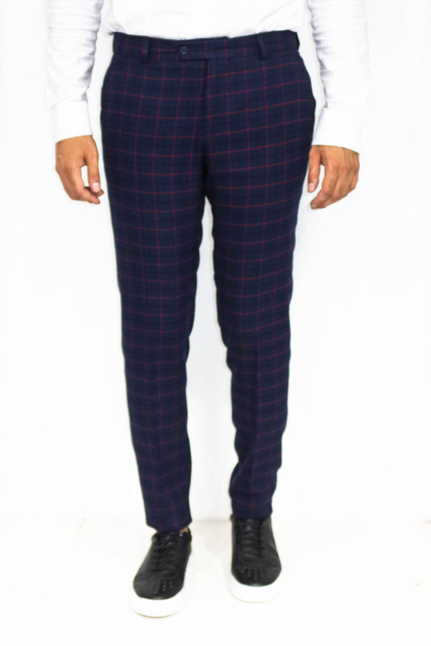 Slim Fit Checked Navy Blue Men Pants - Wessi