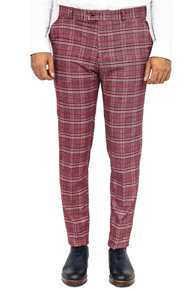 Plaid Slim Fit Burgundy Men Pants - Wessi