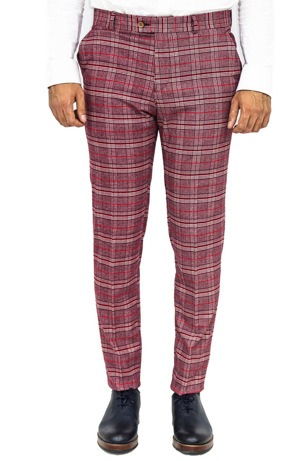 Plaid Slim Fit Burgundy Men Pants - Wessi