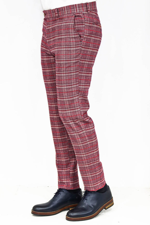 Plaid Slim Fit Burgundy Men Pants - Wessi