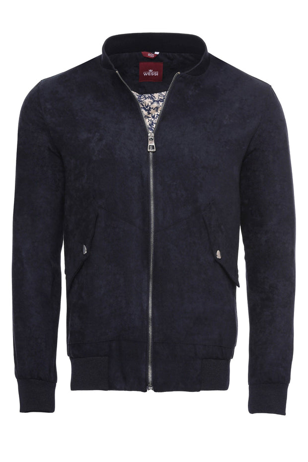 Flap Pockets Suede Dark Blue Men Bomber Coat - Wessi