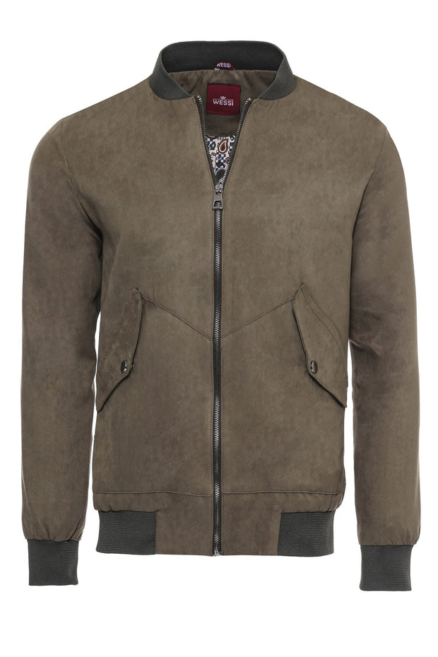 Flap Pockets Suede Khaki Men Bomber Coat - Wessi