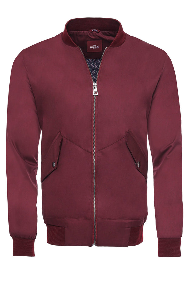 Flap Pockets Zippered Burgundy Men Bomber Coat - Wessi