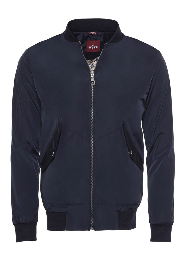 Zippered Flap Pockets Navy Blue Men Bomber Coat - Wessi