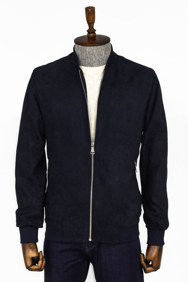 Plain Zippered Pockets Navy Blue Men Bomber Coat - Wessi