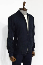 Plain Zippered Pockets Navy Blue Men Bomber Coat - Wessi