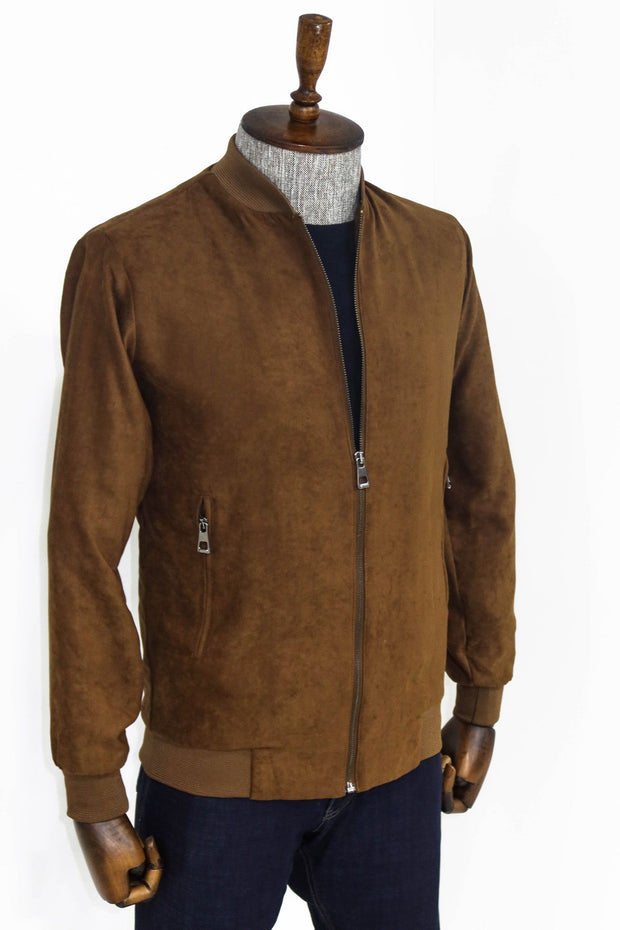 Plain Zippered Pockets Brown Men Bomber Coat - Wessi