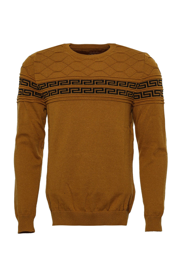 Crew Neck Knitwear Chest Patterned Over Camel - Wessi