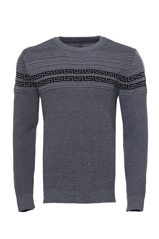 Crew Neck Knitwear Chest Patterned Over Grey - Wessi