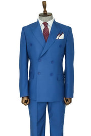 Wide Peak Lapel Striped Slim Fit Blue Men Double-Breasted Suit - Wessi