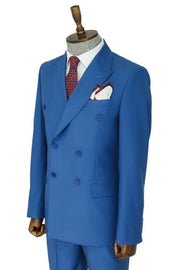 Wide Peak Lapel Striped Slim Fit Blue Men Double-Breasted Suit - Wessi