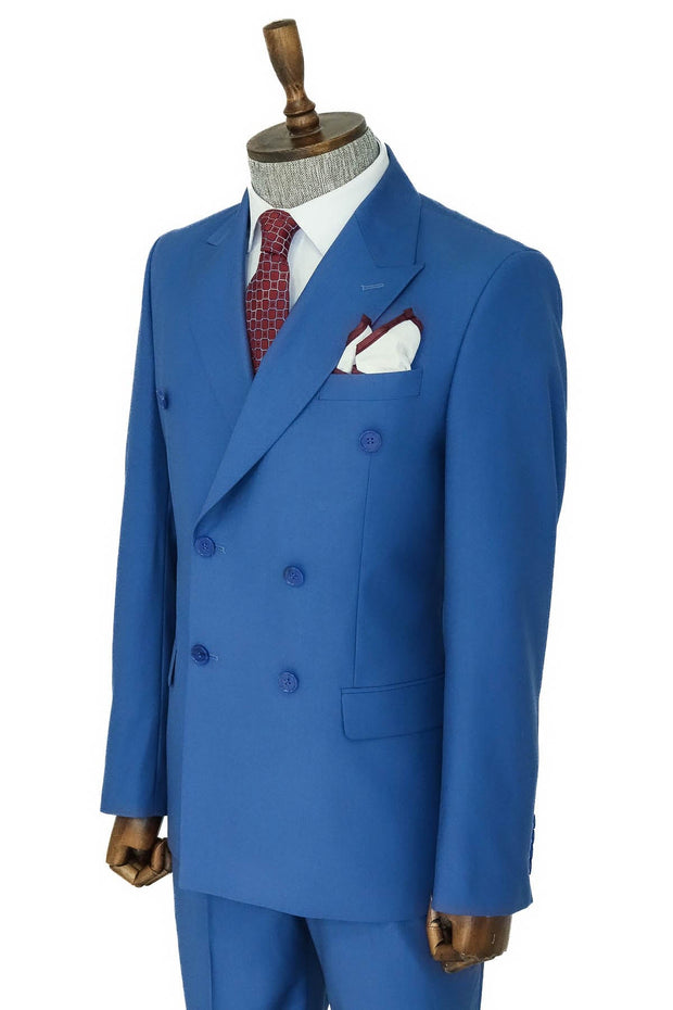 Wide Peak Lapel Striped Slim Fit Blue Men Double-Breasted Suit - Wessi