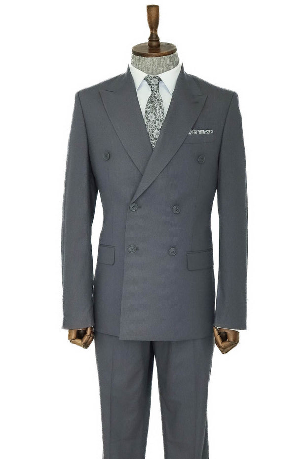 Wide Peak Lapel Striped Slim Fit Gray Men Double-Breasted Suit - Wessi