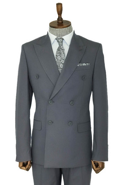 Wide Peak Lapel Striped Slim Fit Gray Men Double-Breasted Suit - Wessi