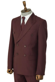 Wide Peak Collar Slim Fit Burgundy Men Double-Breasted Suit - Wessi